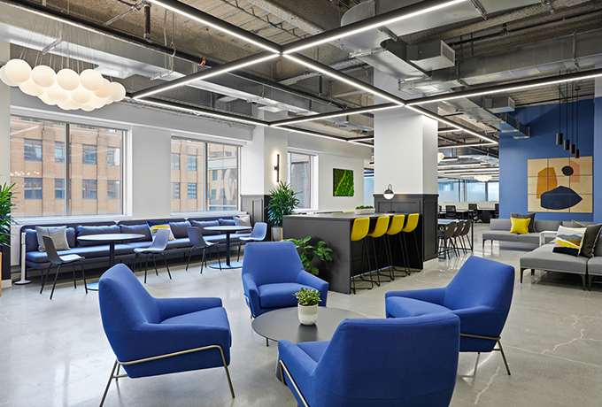 Large open plan work space with multiple different places to work