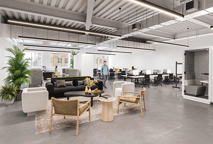 Open office space with varying types of seating arrangements