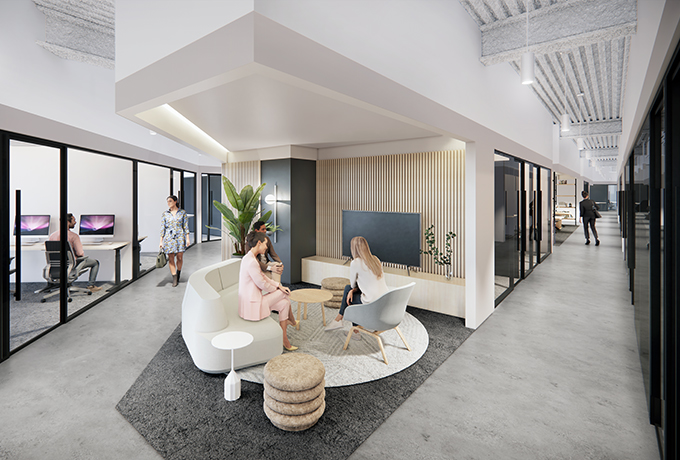 Two corridors with offices either side and a communal place in the middle