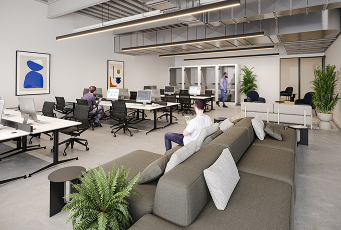 An open plan office with a large sofa